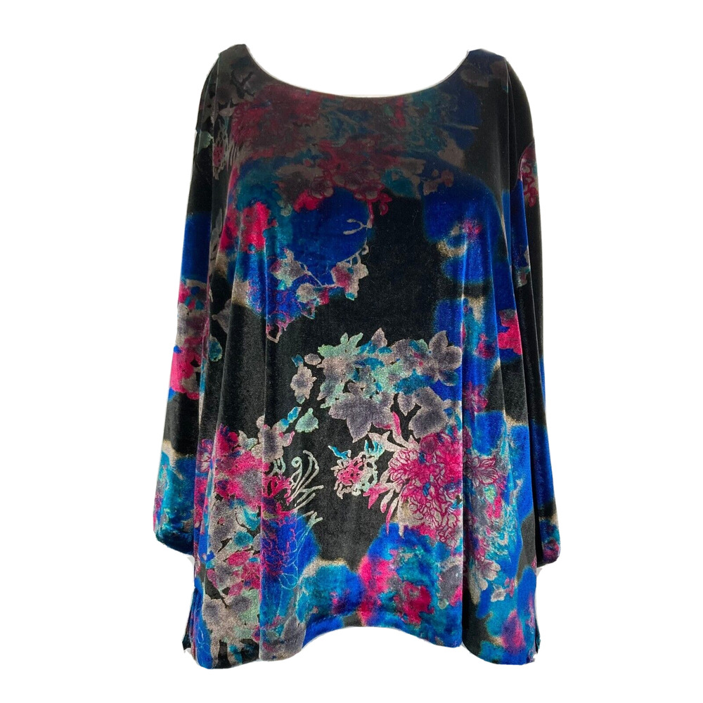 Badgley Mischka American Glamour Shirt Womens Sz 1X Black Blue‎ Floral Velvet